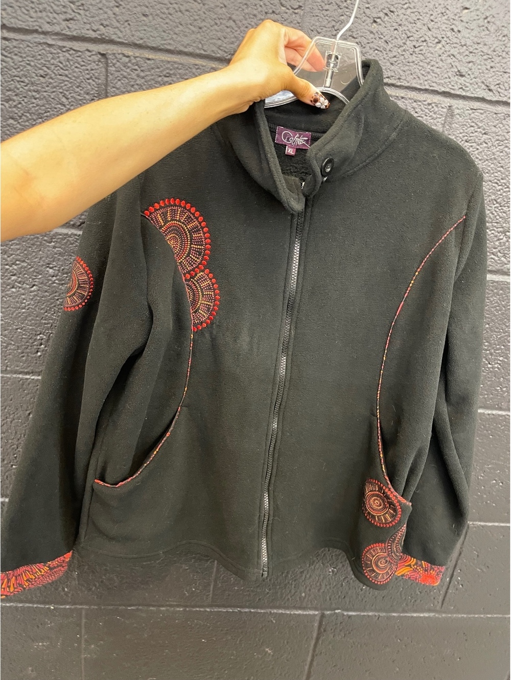 Coline Black Fleece Jacket with Red Embroidered Circular Designs, Size XL